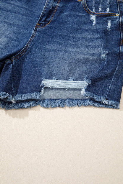 Sail Blue Asymmetric Raw Hem Distressed Whiskery Denim Shorts