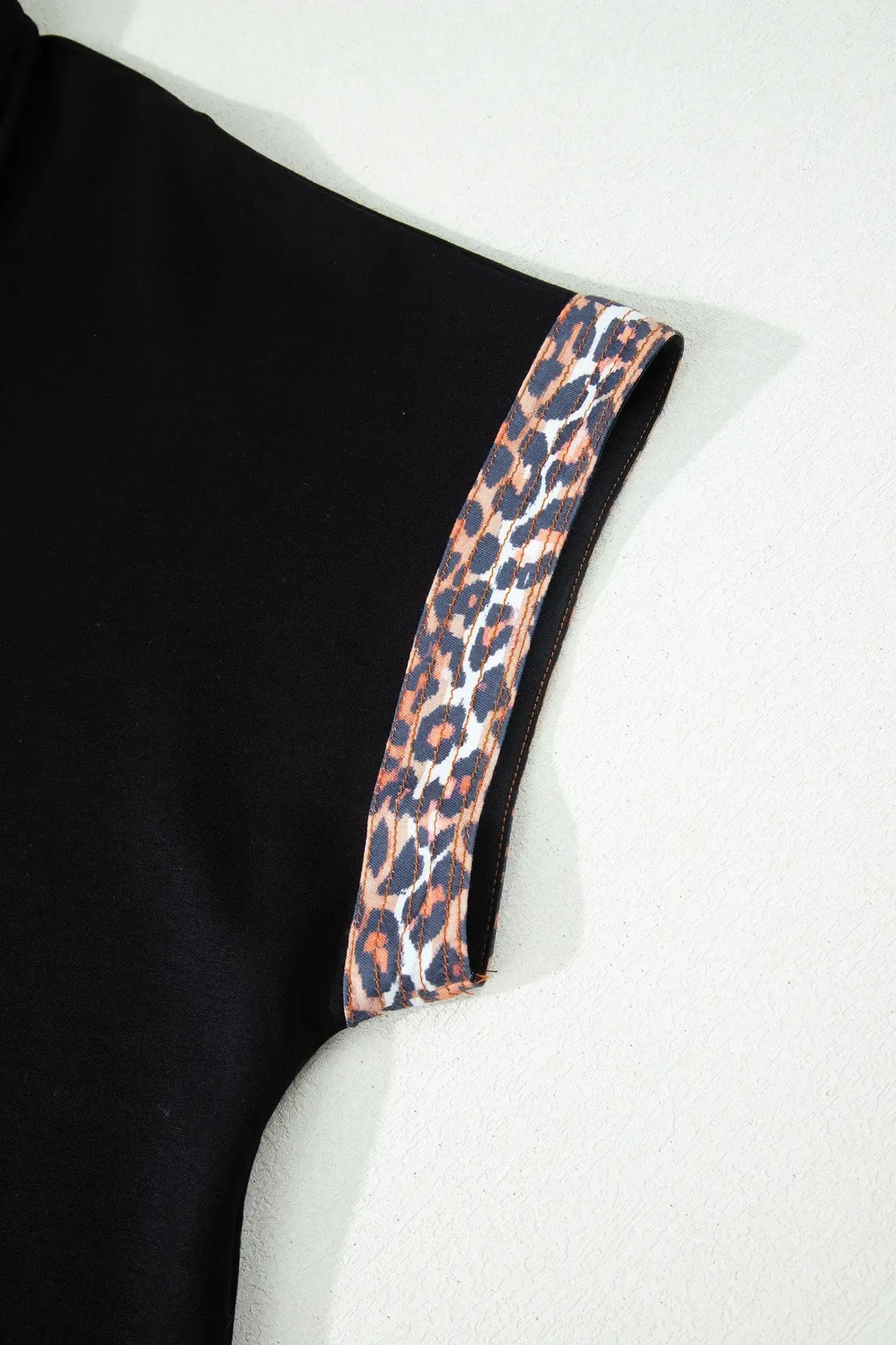 Black Plus Size Leopard Patchwork Half Zip Short Sleeve Top