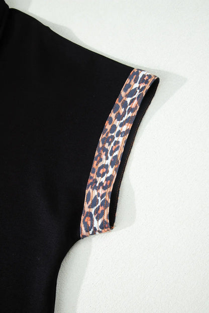 Black Plus Size Leopard Patchwork Half Zip Short Sleeve Top