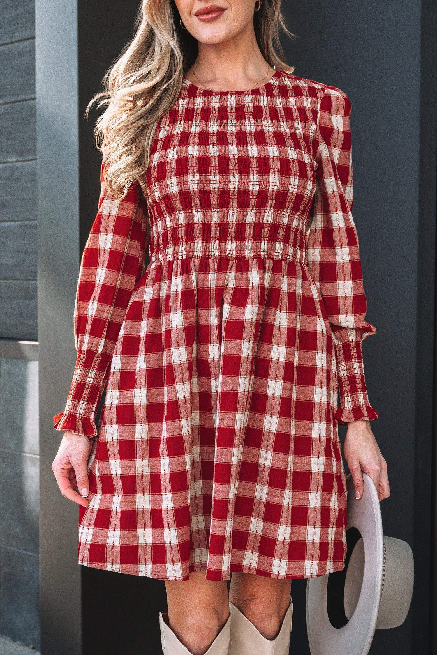 Red Plaid Print Smocked Puff Sleeve Mini Dress - Sweet Fashion Wholesale