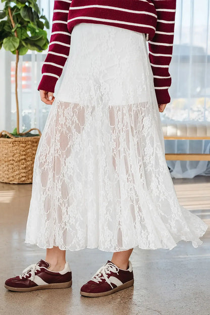 White Sheer Floral Lace Flowy Maxi Skirt - Sweet Fashion Wholesale