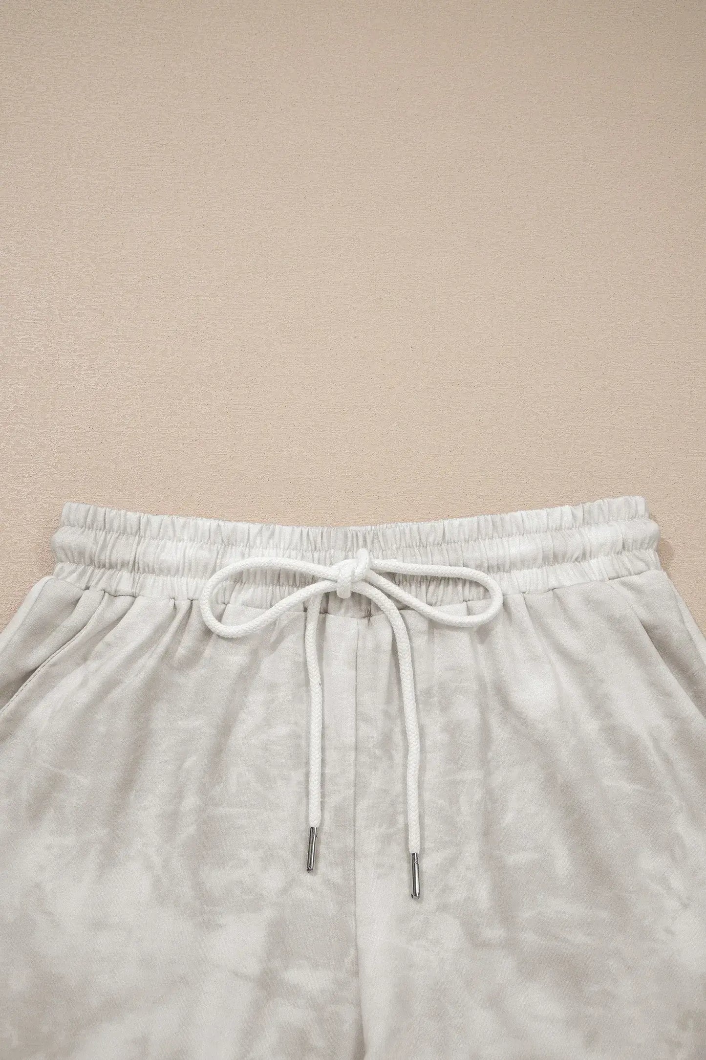 Beige Vintage Tie Dye Bracelet Sleeve Drawstring Elastic Waist 2pcs Short Set - Sweet Fashion Wholesale