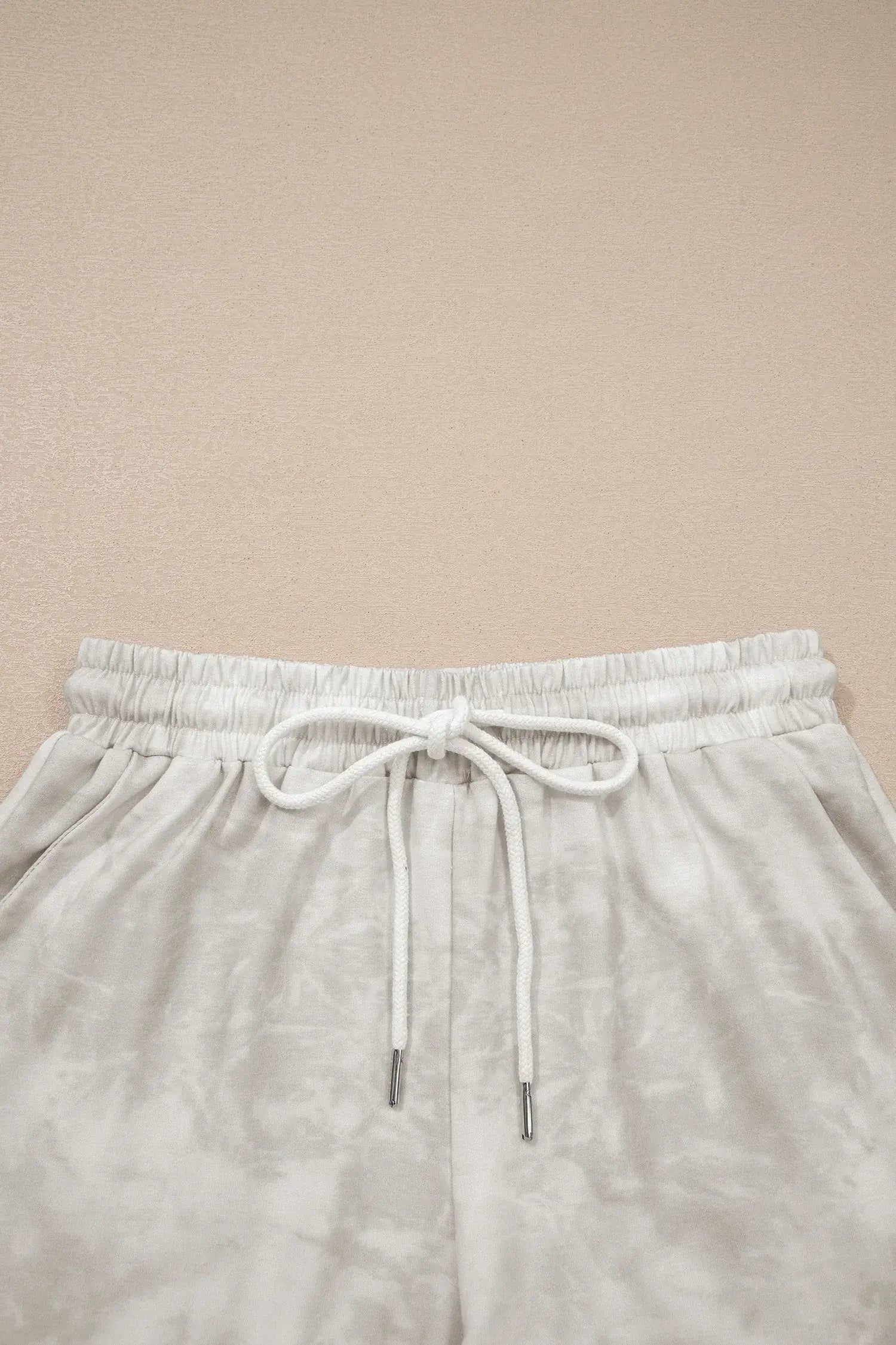Beige Vintage Tie Dye Bracelet Sleeve Drawstring Elastic Waist 2pcs Short Set - Sweet Fashion Wholesale
