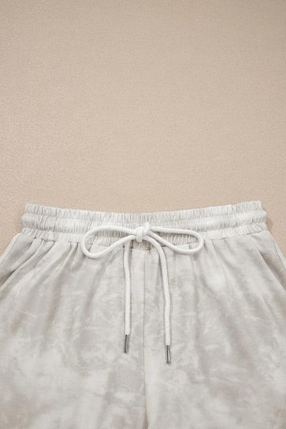 Beige Vintage Tie Dye Bracelet Sleeve Drawstring Elastic Waist 2pcs Short Set - Sweet Fashion Wholesale