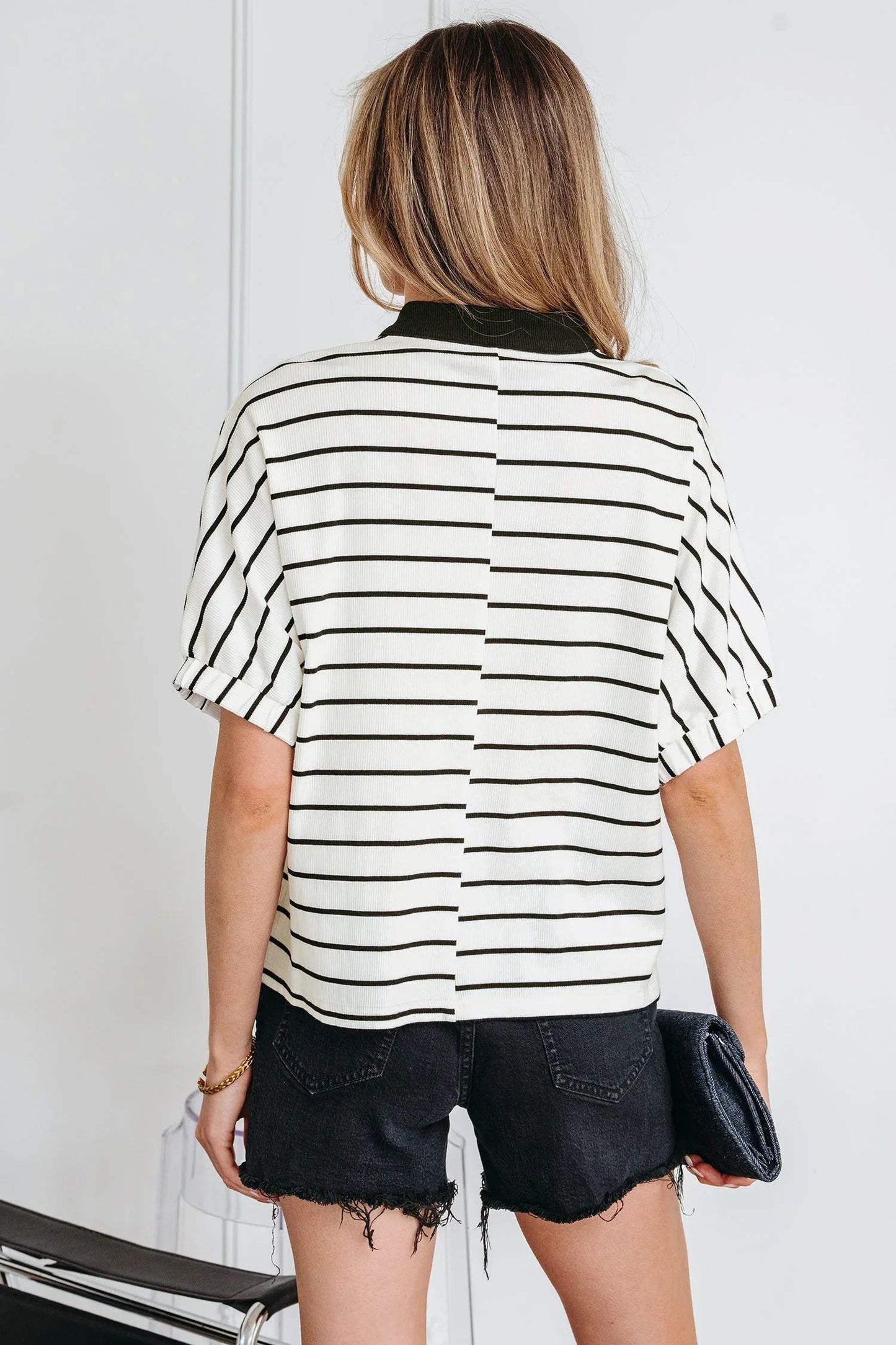 White Stripe Stand Collar V Neck Elastic Cuffs Half Sleeve Dolman Top - Sweet Fashion Wholesale