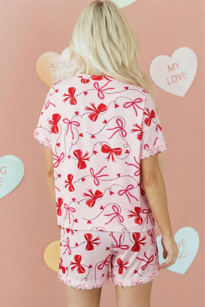 Red Romantic Bow Print Loose Tee Drawstring Shorts 2pcs Lounge Set - Sweet Fashion Wholesale