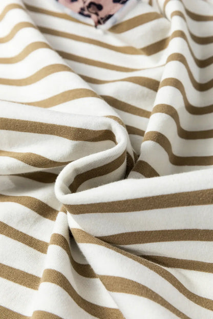 Khaki Stripe Leopard Patchwork Round Neck Loose T Shirt - Sweet Fashion Wholesale