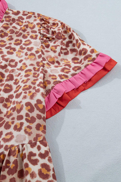 Khaki Leopard High Waist Ruffled Colorblock Trim Short Dress - Sweet Fashion Wholesale