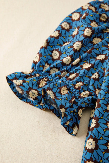 Sky Blue Retro Floral Print V Neck Pleated Detail Short Puff Sleeve Blouse - Sweet Fashion Wholesale