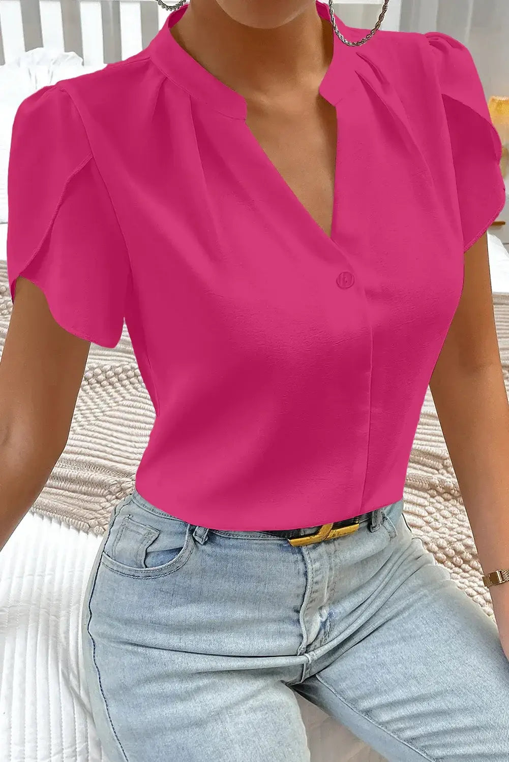 Rose Red Silky Notched Neckline Petal Sleeve Blouse - Sweet Fashion Wholesale