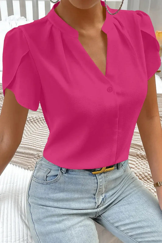 Rose Red Silky Notched Neckline Petal Sleeve Blouse - Sweet Fashion Wholesale