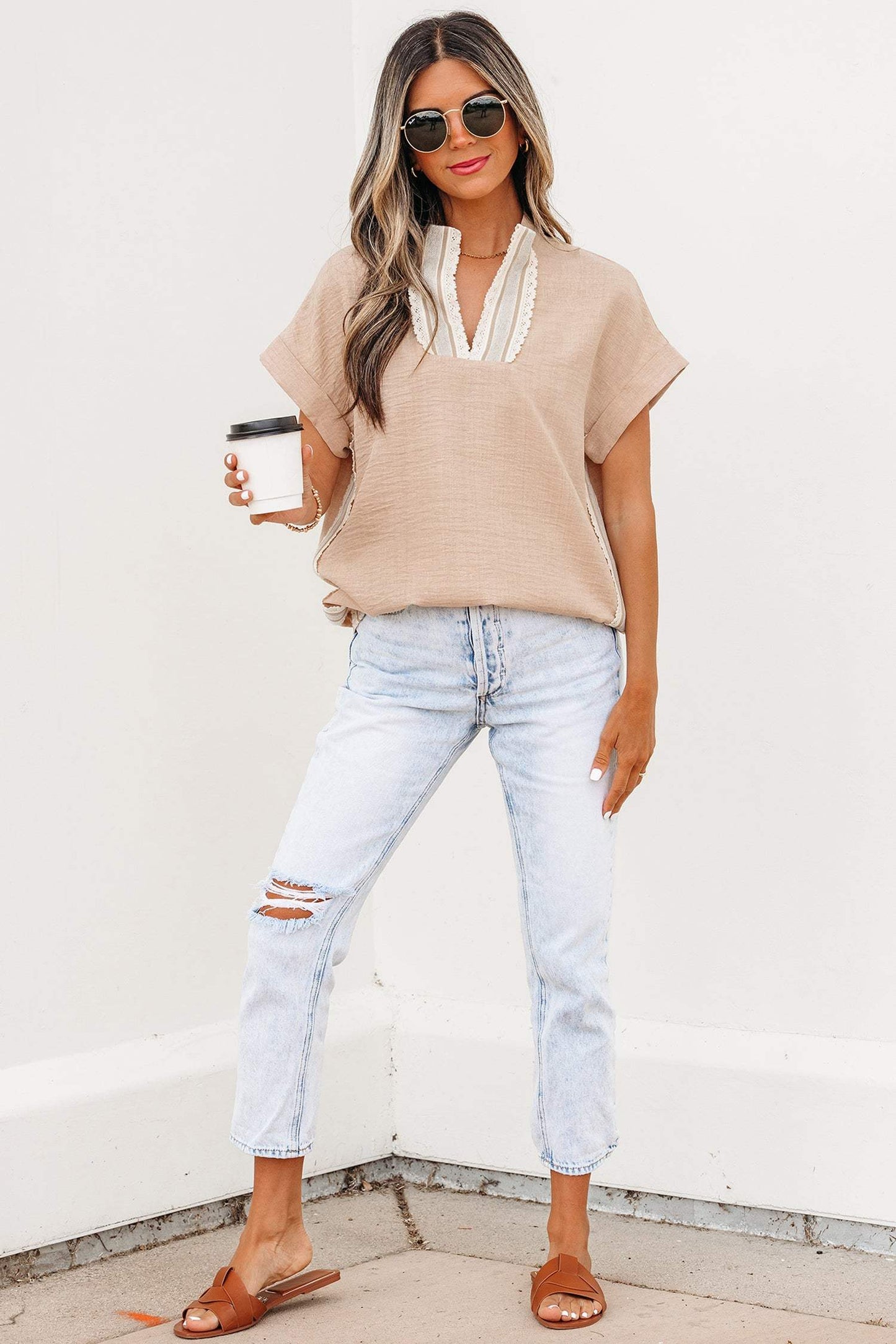 Parchment Crochet Lace Accent Pullover Rolled Short Sleeve Blouse