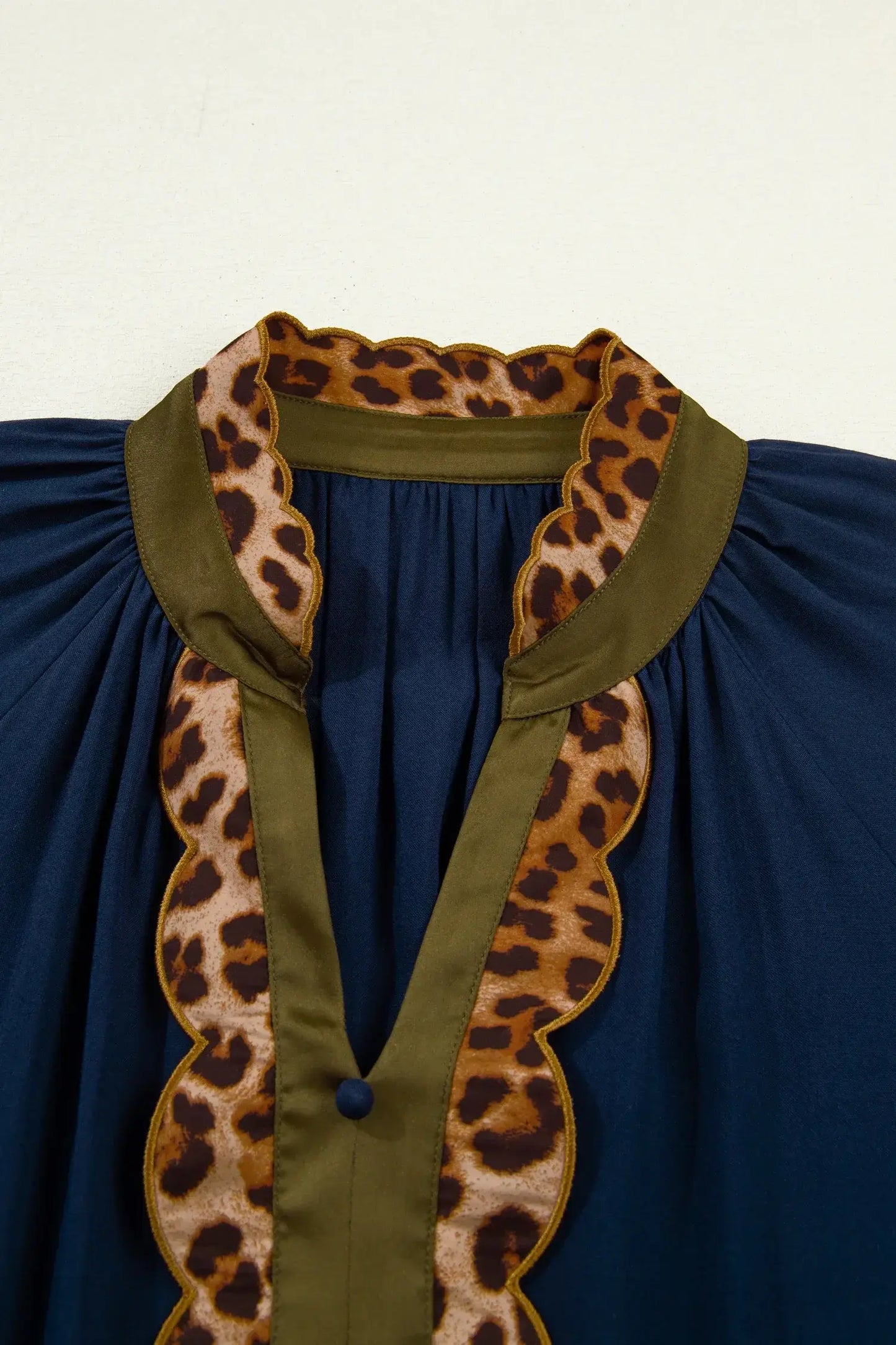 Navy Blue Button Detail Leopard Metallic Trim Short Sleeve Tunic Dress - Sweet Fashion Wholesale