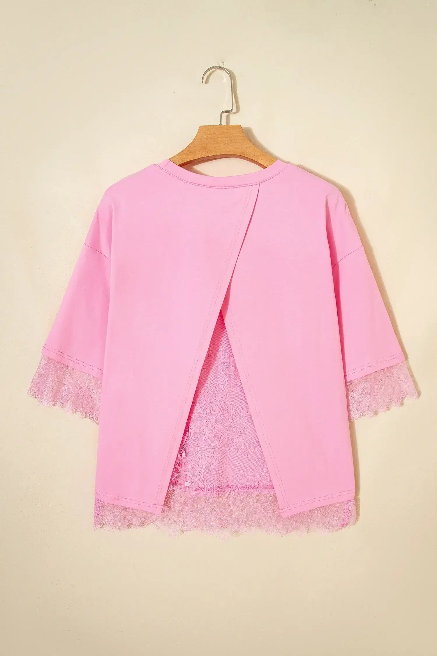 Pink Eyelash Floral Lace Patchwork Half Sleeve Oversize Tee - Sweet Fashion Wholesale