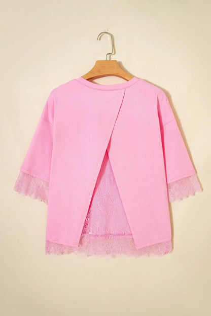 Pink Eyelash Floral Lace Patchwork Half Sleeve Oversize Tee - Sweet Fashion Wholesale