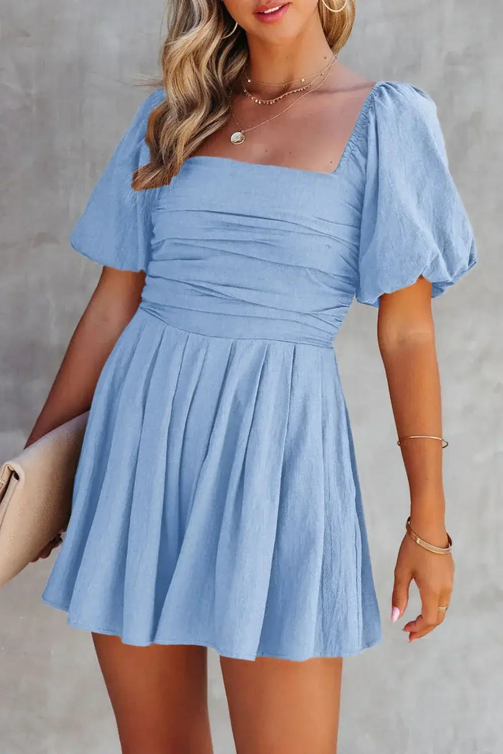 Sky Blue Brown Square Neck Ruched Puff Sleeve Romper