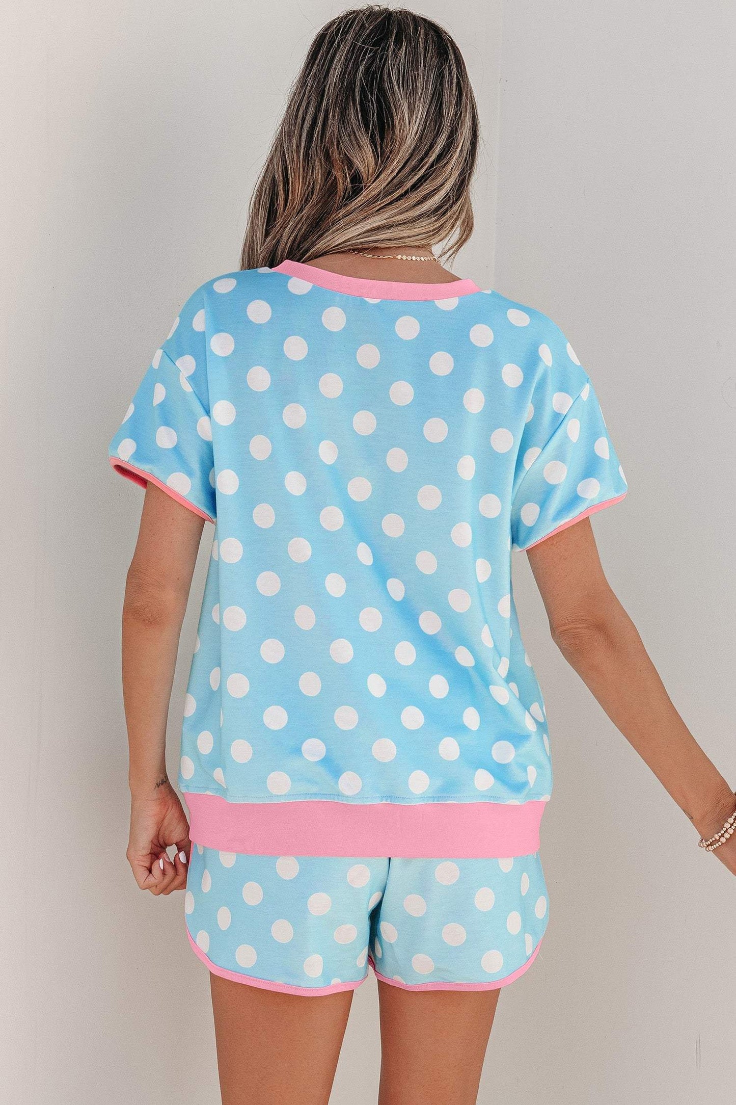 Sky Blue Polka Dot Contrast Edge Casual Short Set