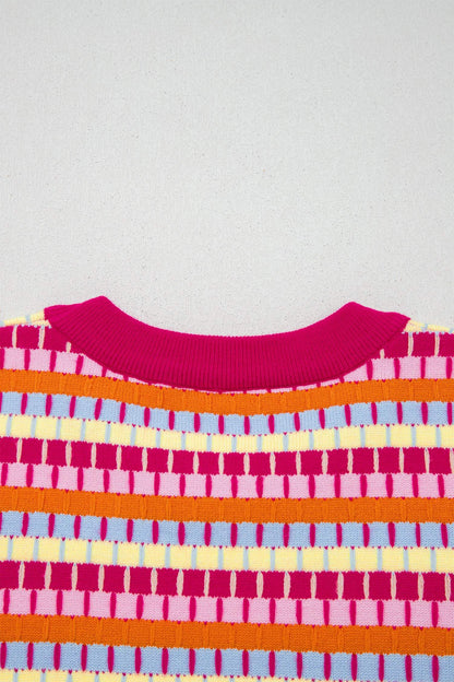 Orange Abstract Striped Knit Short Sleeve Sweater
