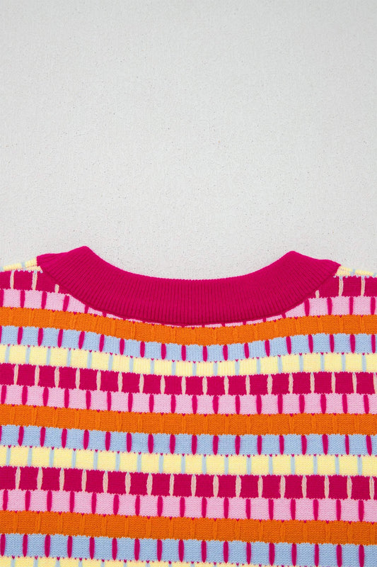 Orange Abstract Striped Knit Short Sleeve Sweater