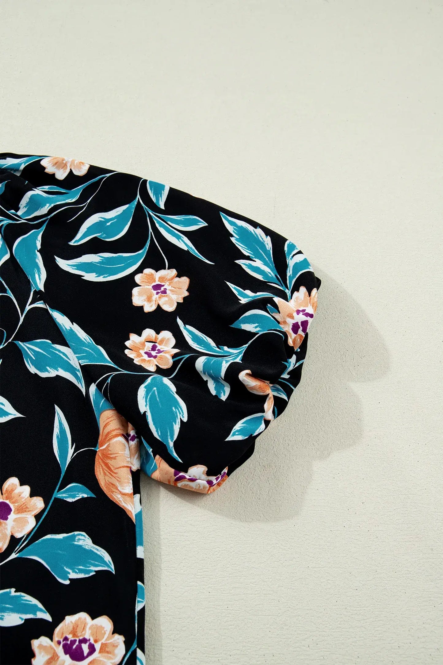 Black Floral Short Bubble Sleeve Buttoned Notched Neck Blouse - Sweet Fashion Wholesale