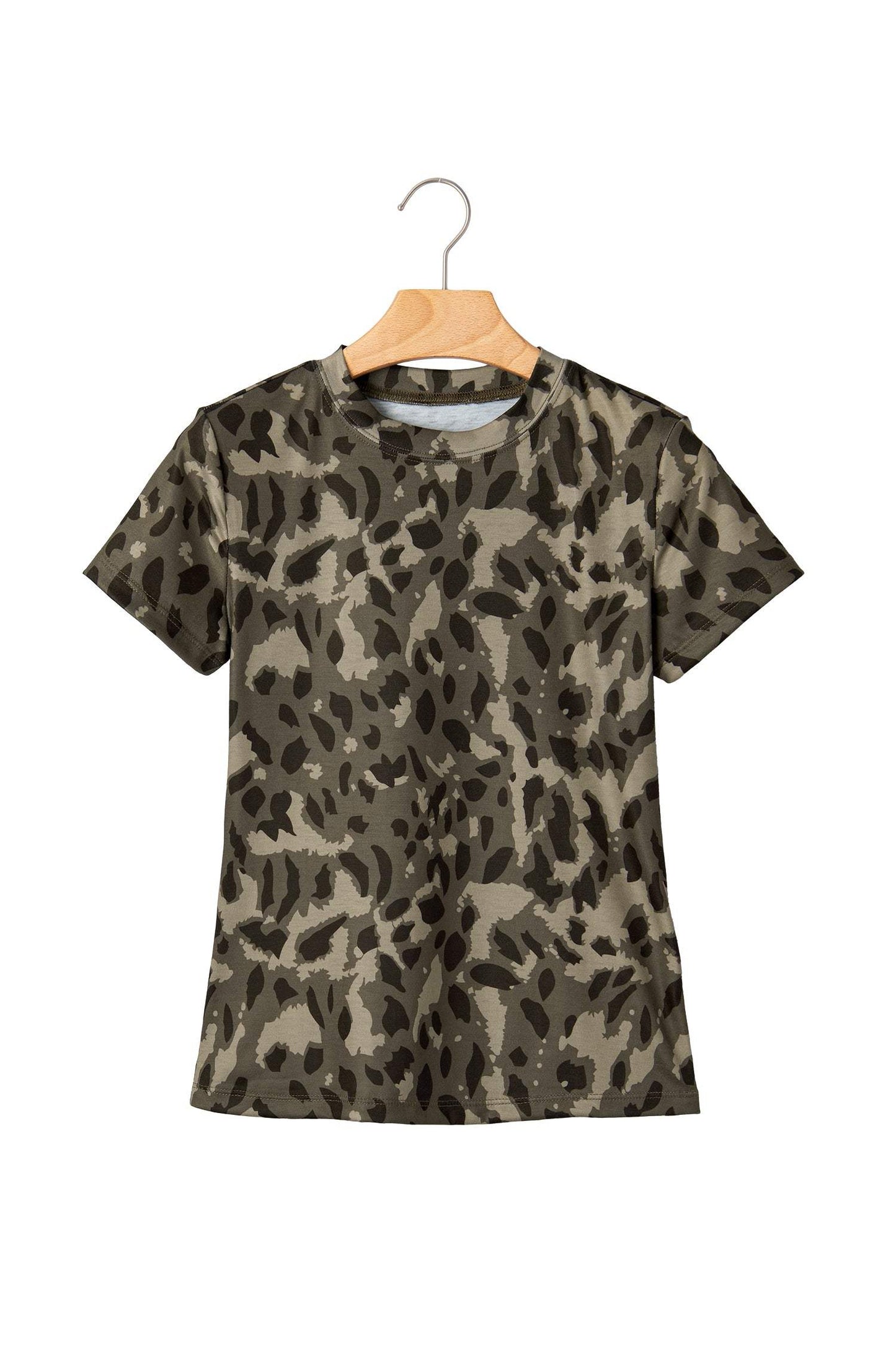 Brown Retro Leopard Print Mock Neck Slim Tee
