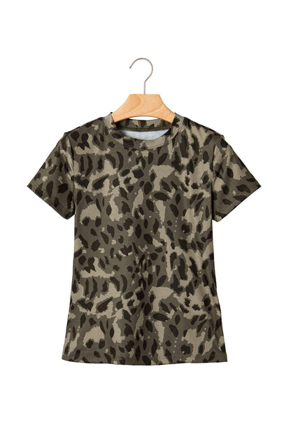 Brown Retro Leopard Print Mock Neck Slim Tee