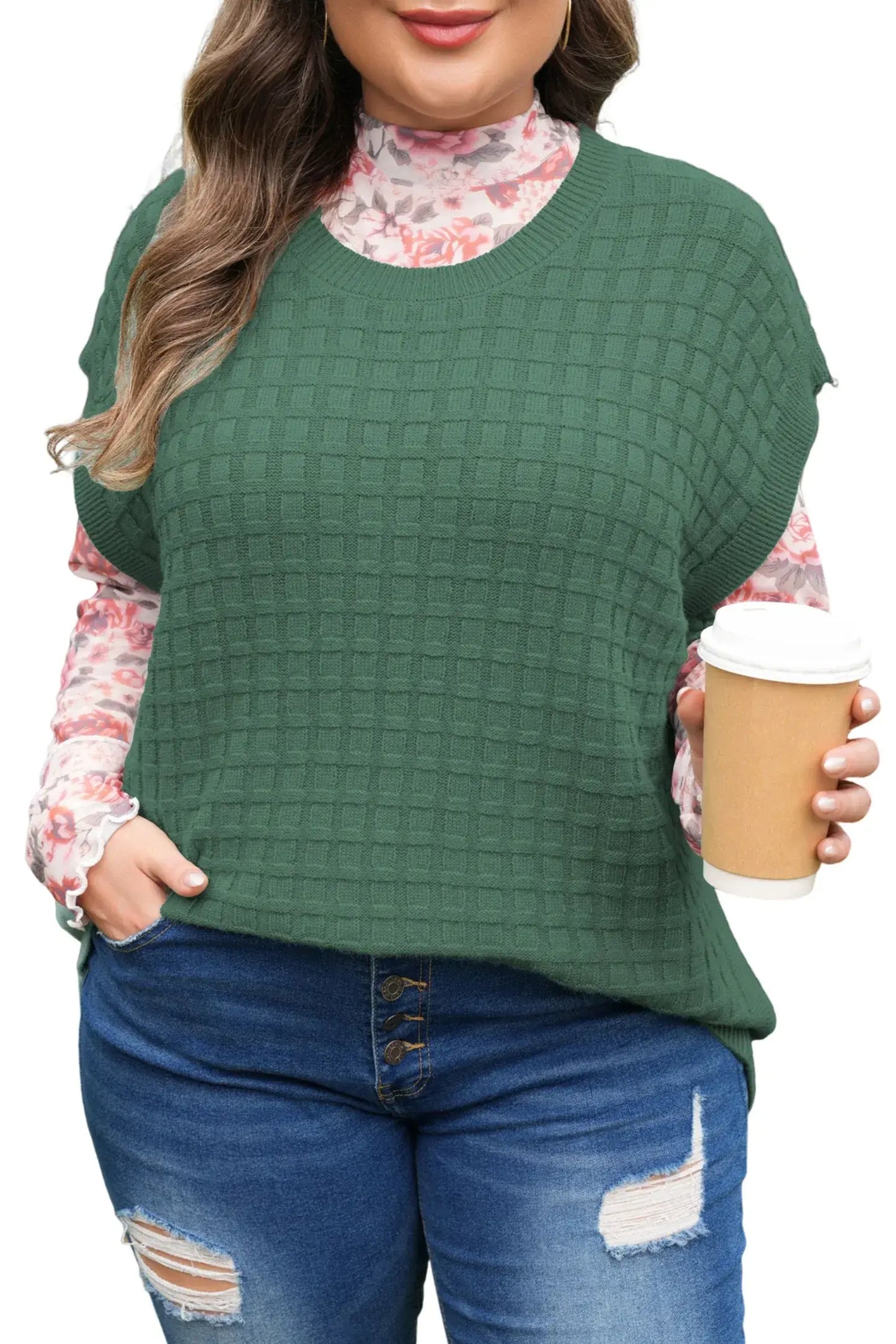 Mist Green Plus Size Solid Color Textured Knit Short Sleeve Sweater - Sweet Fashion Wholesale
