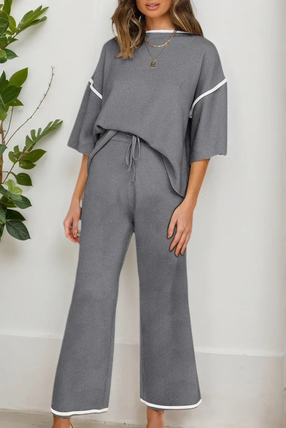 Blackish Green Contrast Trim Half Sleeve Top Drawstring Pants Loose 2pcs Sweater Suit - Sweet Fashion Wholesale