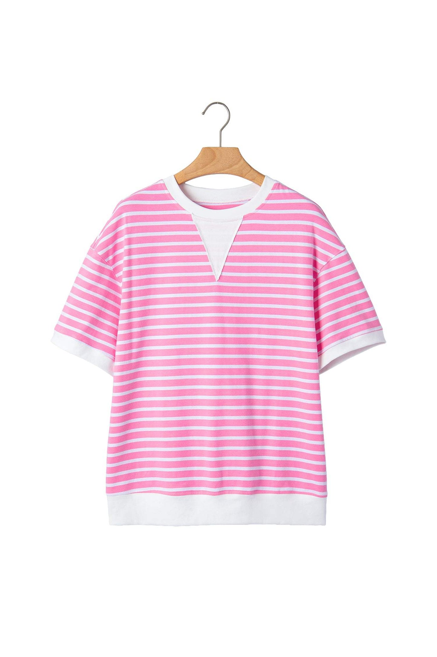 Pink Stripe Round Neck Drop Shoulder Short Sleeve Loose Top