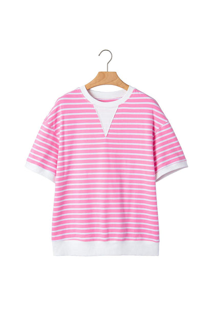 Pink Stripe Round Neck Drop Shoulder Short Sleeve Loose Top