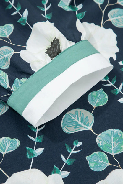 Blue Floral Print Striped Patchwork V Neck Short Sleeve Blouse - Sweet Fashion Wholesale
