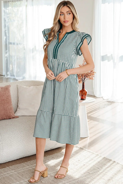 Green Stripe Double Ruffled Short Sleeve Contrast Trim V Neck Midi Dress - Sweet Fashion Wholesale