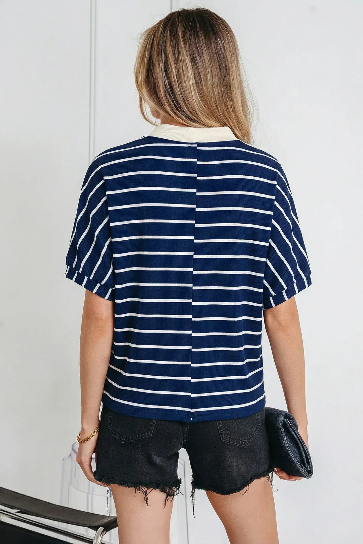 White Stripe Stand Collar V Neck Elastic Cuffs Half Sleeve Dolman Top - Sweet Fashion Wholesale