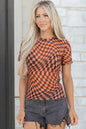 Orange Checkered Print Crew Neck Mesh T Shirt - Sweet Fashion Wholesale