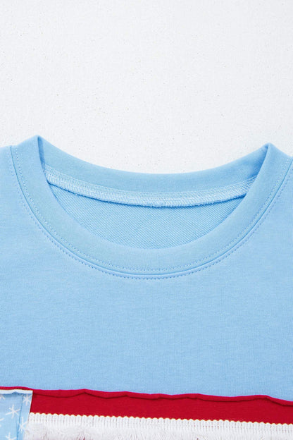 Mist Blue USA Flag Textured Patchwork Cap Sleeve Tee