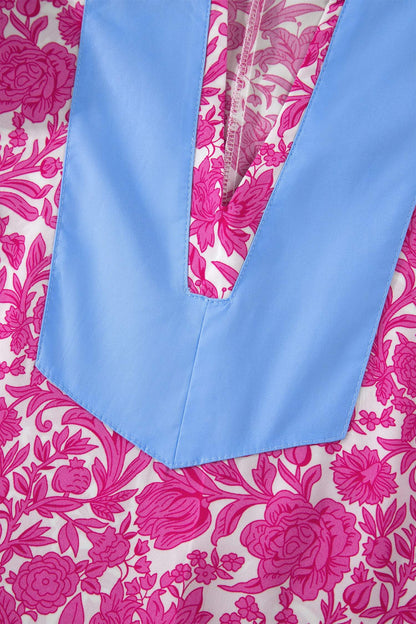 Pink Floral Print Color Block Patchwork V Neck Short Sleeve Midi Dress