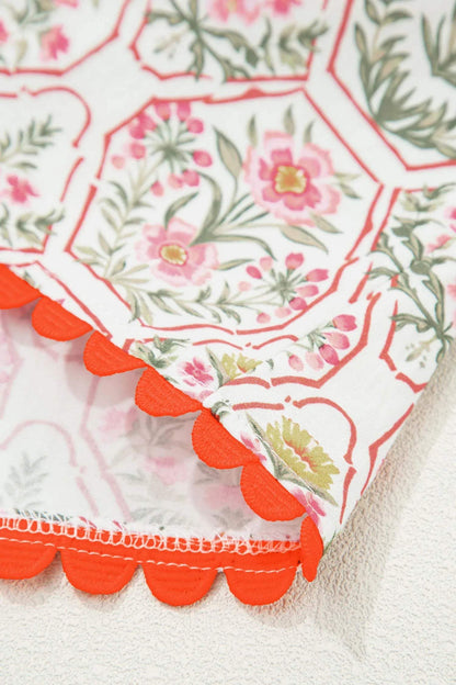 Pink Floral Print Tassel Tie V Neck Scalloped Detail Loose Mini Dress - Sweet Fashion Wholesale