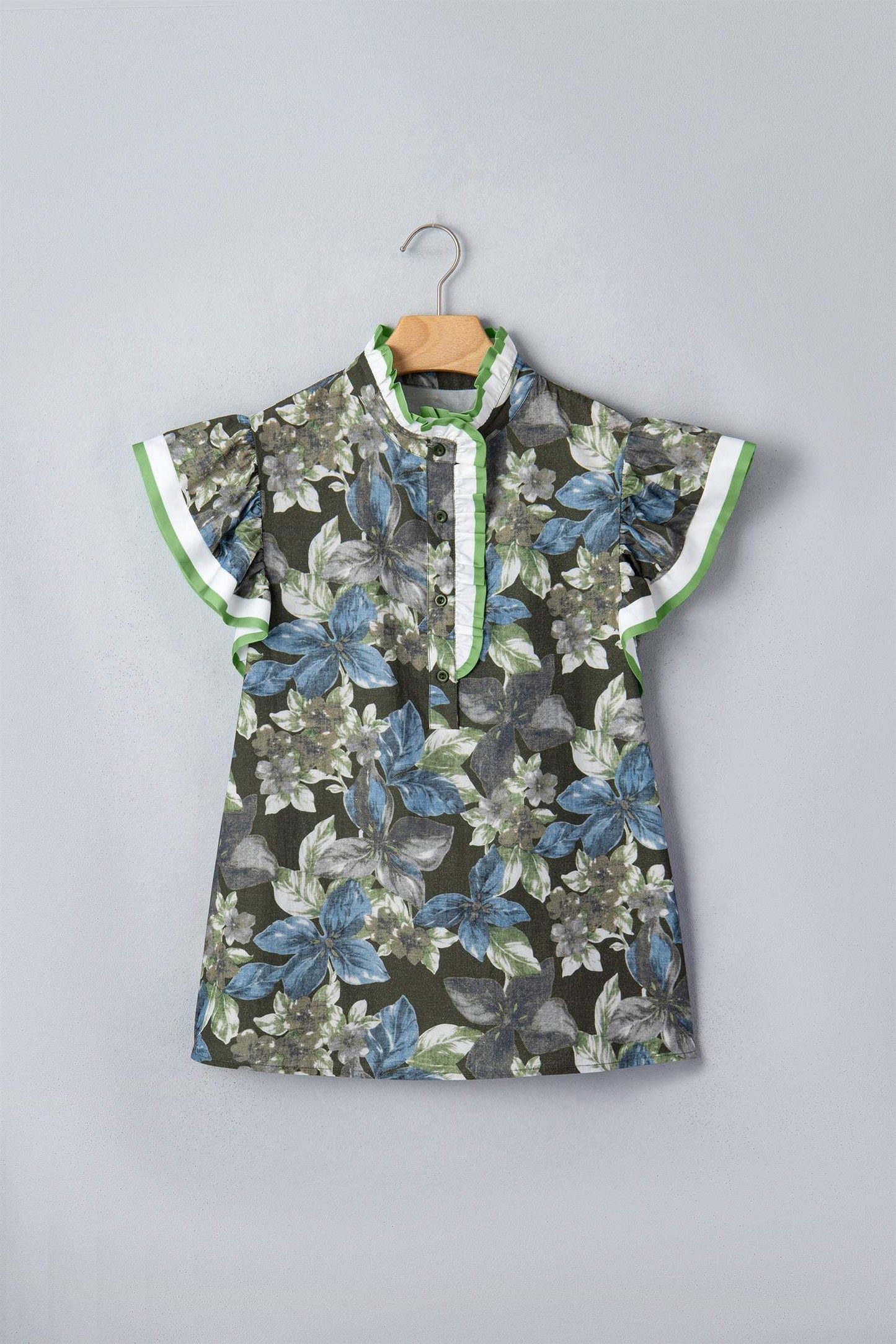 Green Ruffled Short Sleeve Floral Summer Blouse