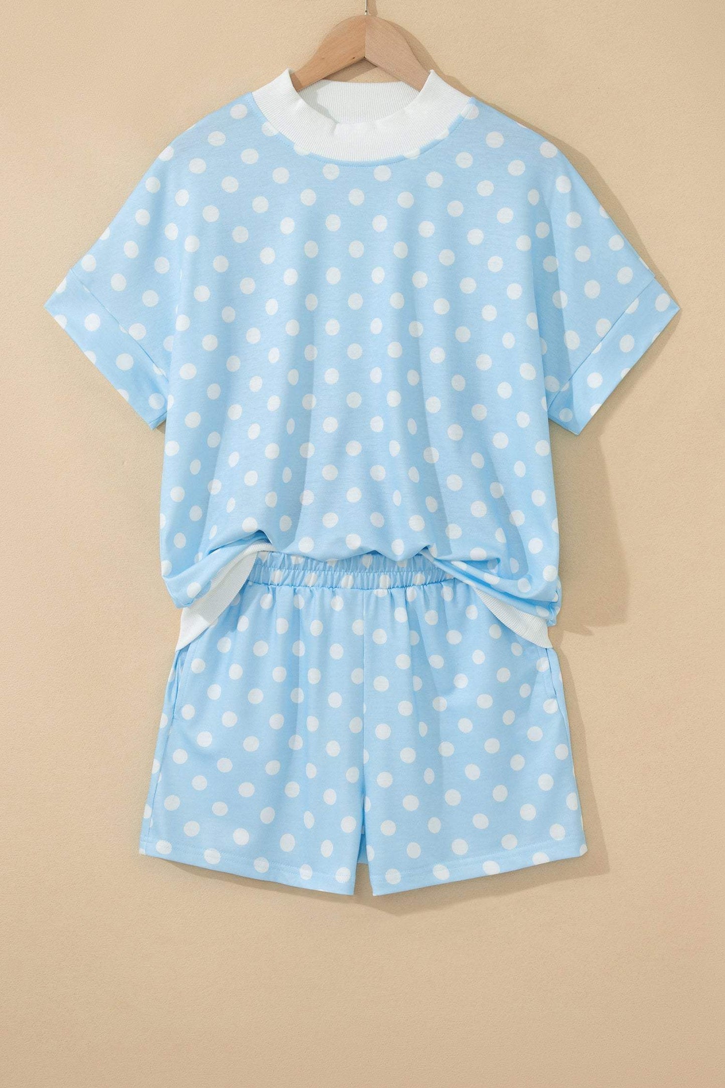 Green Polka Dot Print Color Block Trim Mock Neck Short Set