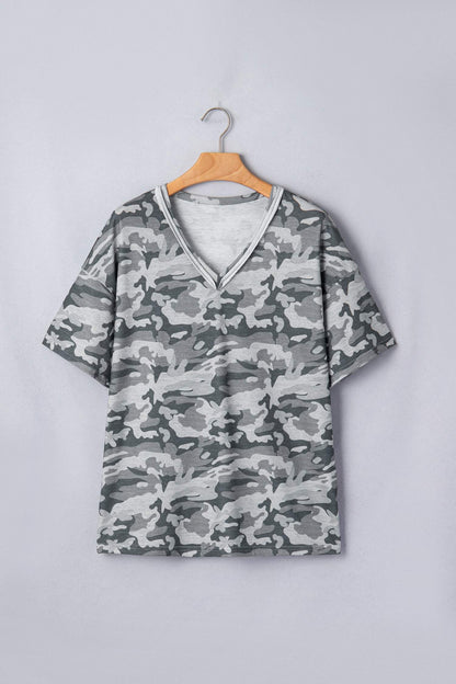 Green Retro Camouflage Print Raw Edge V Neck Tee