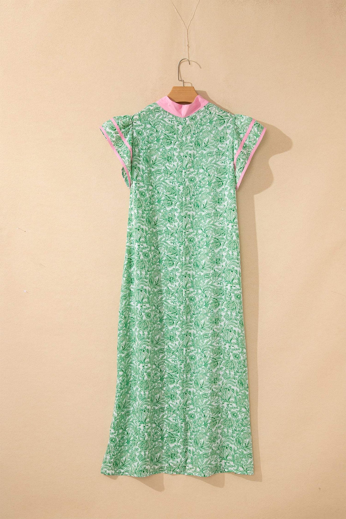 Pink Floral Print Color Block Patchwork V Neck Short Sleeve Midi Dress