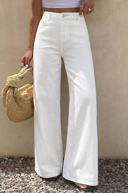 White Solid Color Loose Casual Jeans