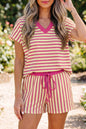 Green Stripe Colorblock Trim V Neck Tee Drawstring Elastic Waist Short Set