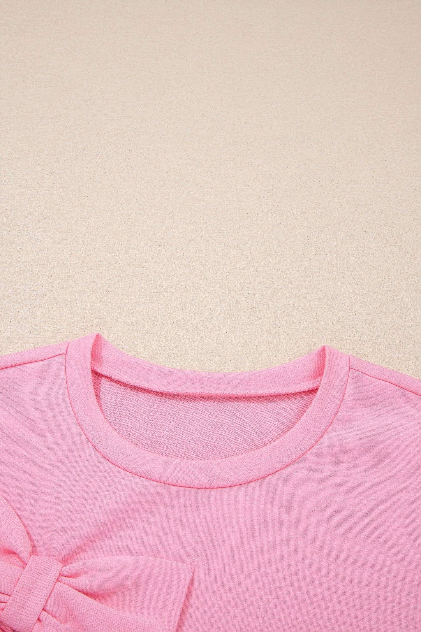 Pink Solid Color Raw Edge Bow Patch Loose T Shirt - Sweet Fashion Wholesale