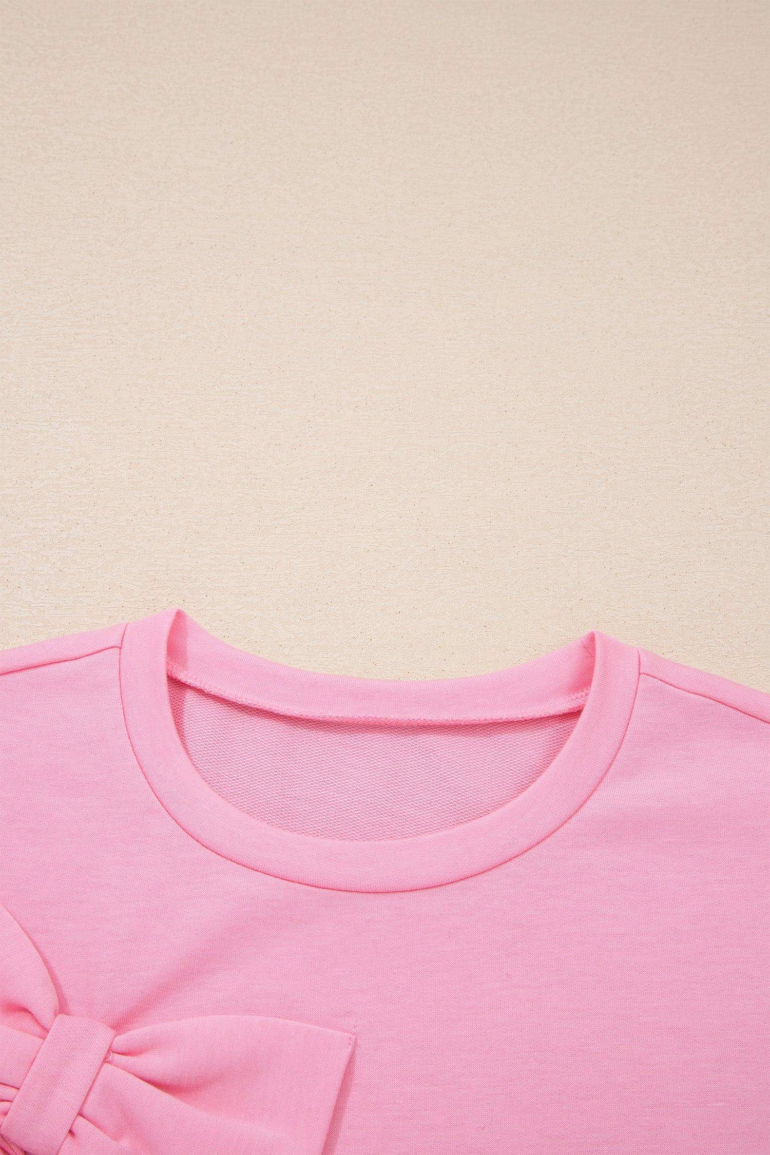 Pink Solid Color Raw Edge Bow Patch Loose T Shirt - Sweet Fashion Wholesale