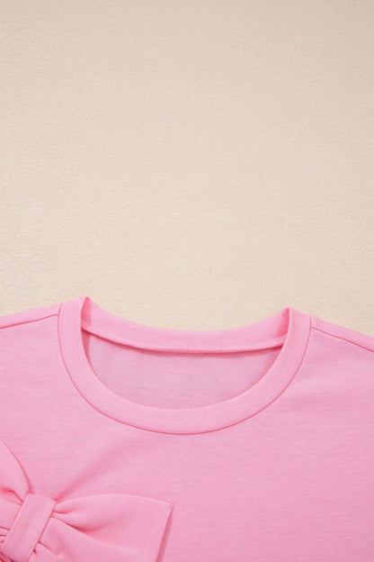 Pink Solid Color Raw Edge Bow Patch Loose T Shirt - Sweet Fashion Wholesale