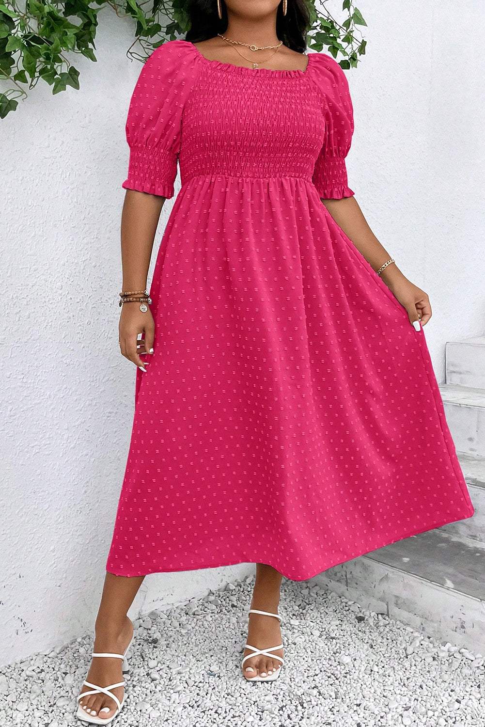 Wisteria Swiss Dot Smocked Frilled Neckline Short Sleeve Plus Size Dress