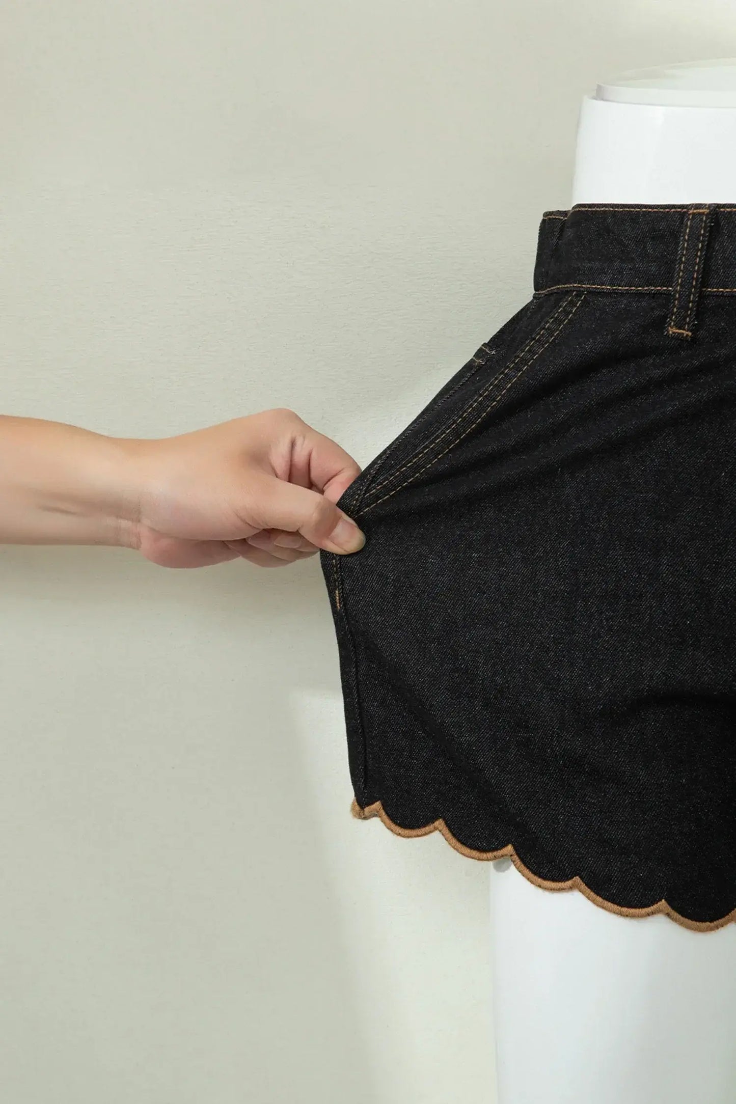 Navy Blue Embroidered Scalloped Trim Relaxed Denim Shorts - Sweet Fashion Wholesale