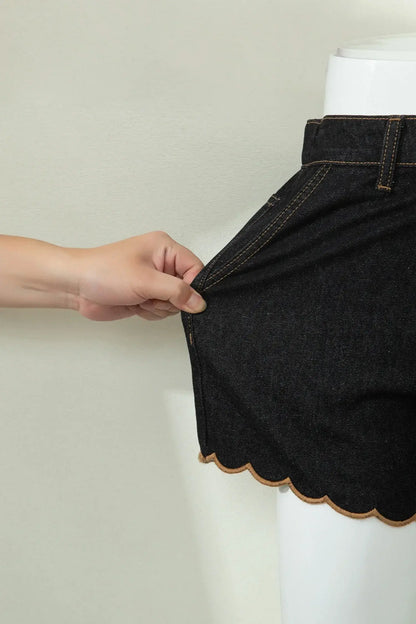 Navy Blue Embroidered Scalloped Trim Relaxed Denim Shorts - Sweet Fashion Wholesale