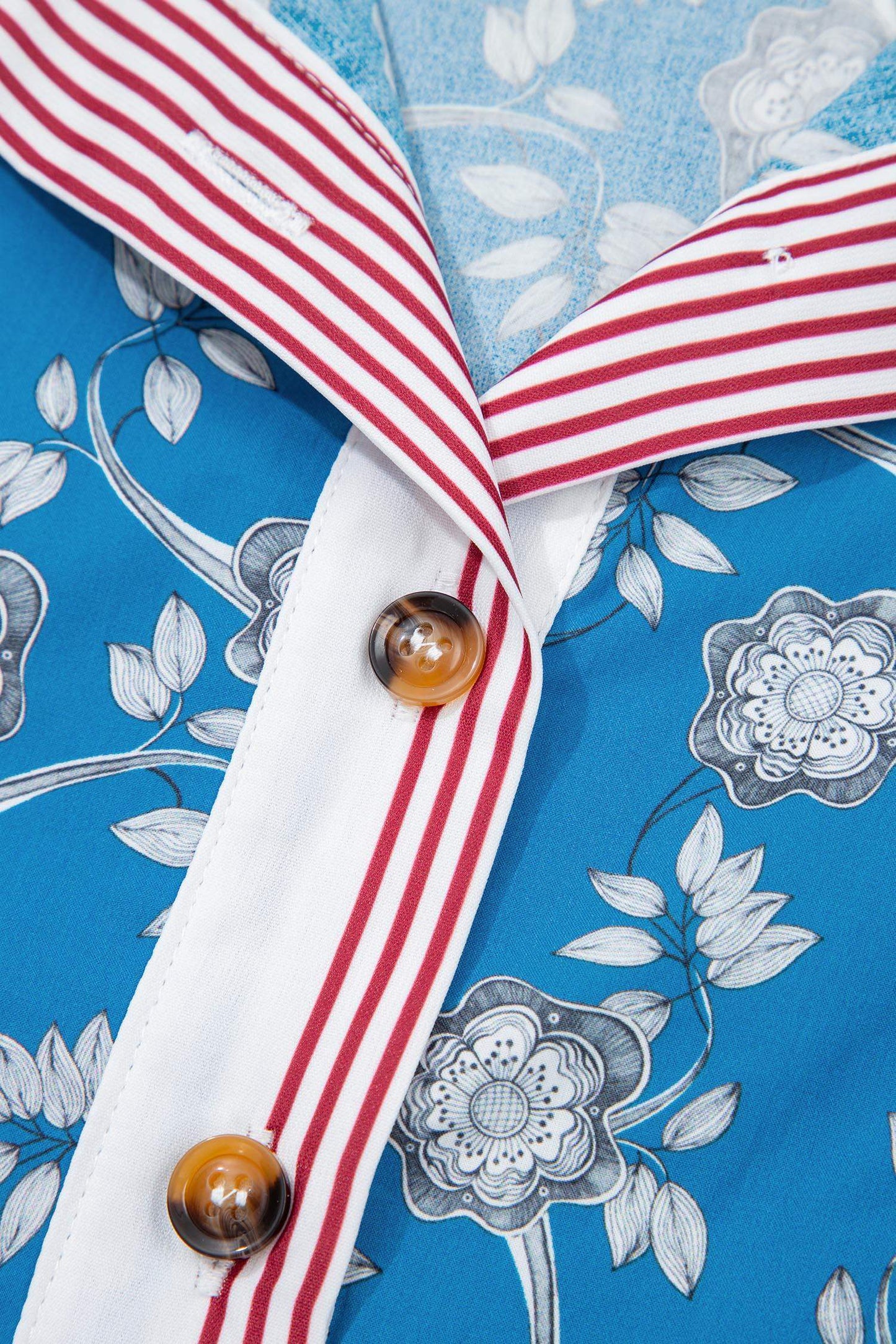 Blue Retro Floral Print Striped Trim Button Neck Short Sleeve Blouse - Sweet Fashion Wholesale